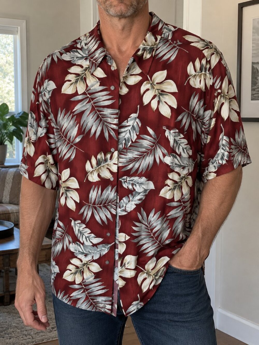 Pierre Cardin Men's 3X Red Floral Hawaiian Button Down Shirt